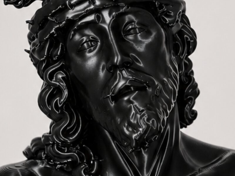 Detalle del rostro de una pieza modelada a mano, en un acabado negro mate que resalta el volumen