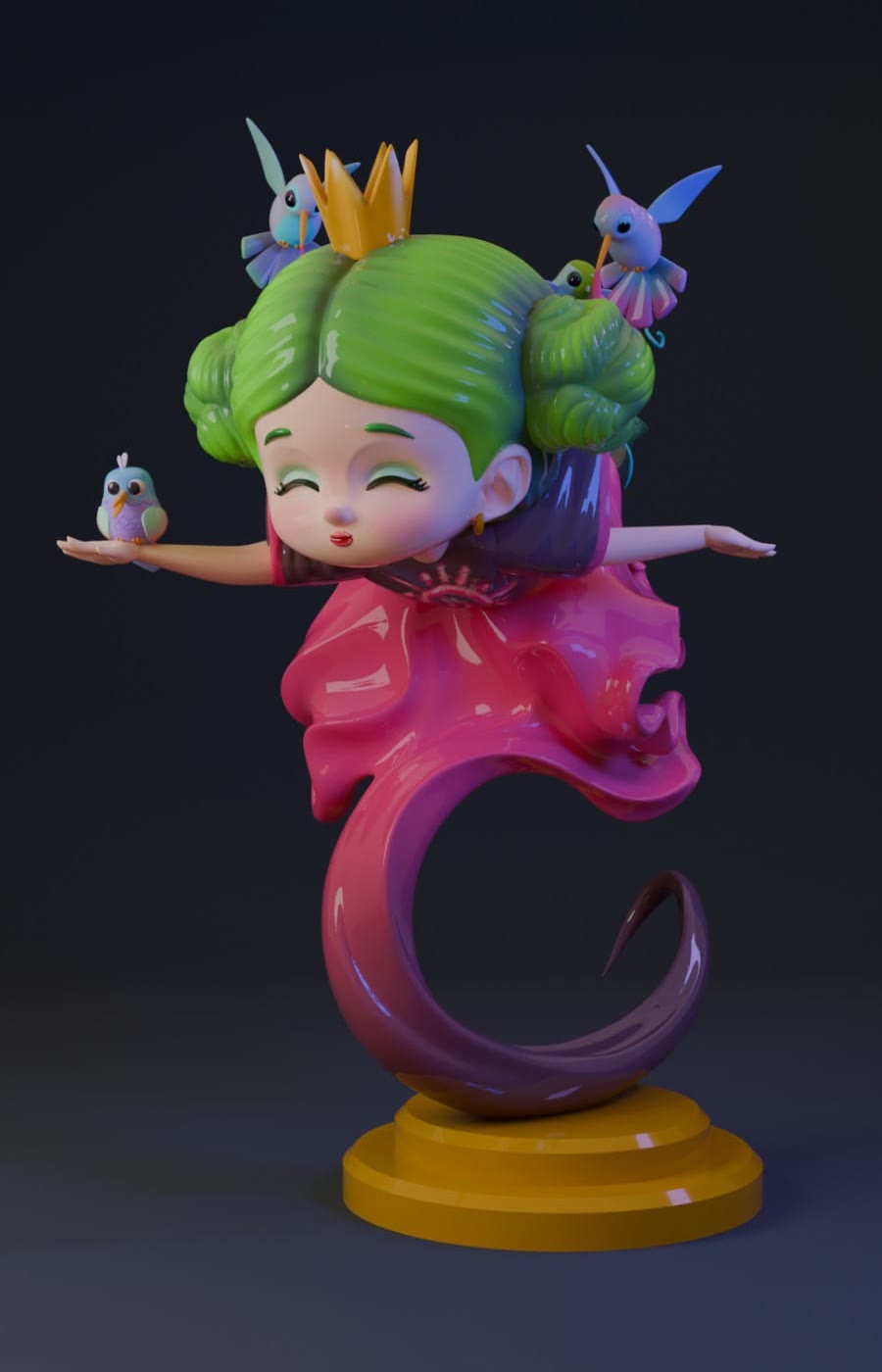 Ninot de una niña con el pelo verde y corona, de frente, con los brazos abiertos y un pájaro en la mano