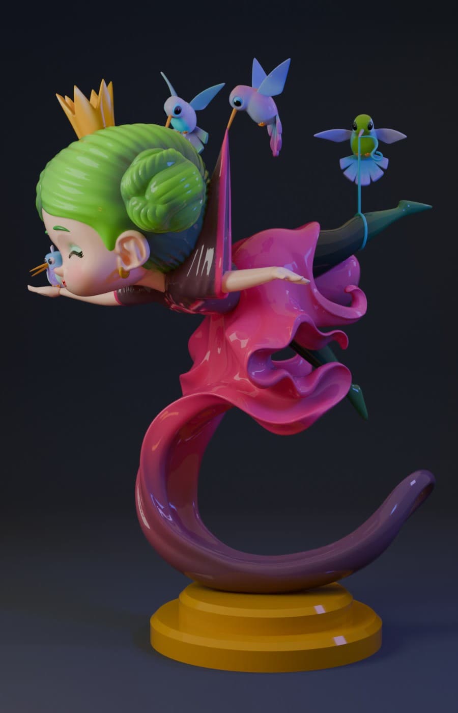 El mismo ninot de perfil, con colibríes alrededor del moño